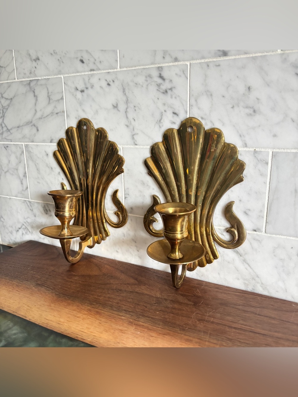 Vintage Pair of Brass Scalloped Shell Shaped Candle Wall Sconces